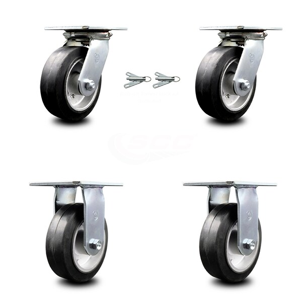 6 Inch Rubber on Aluminum Caster Set with Roller Bearing 2 Swivel Lock 2 Rigid